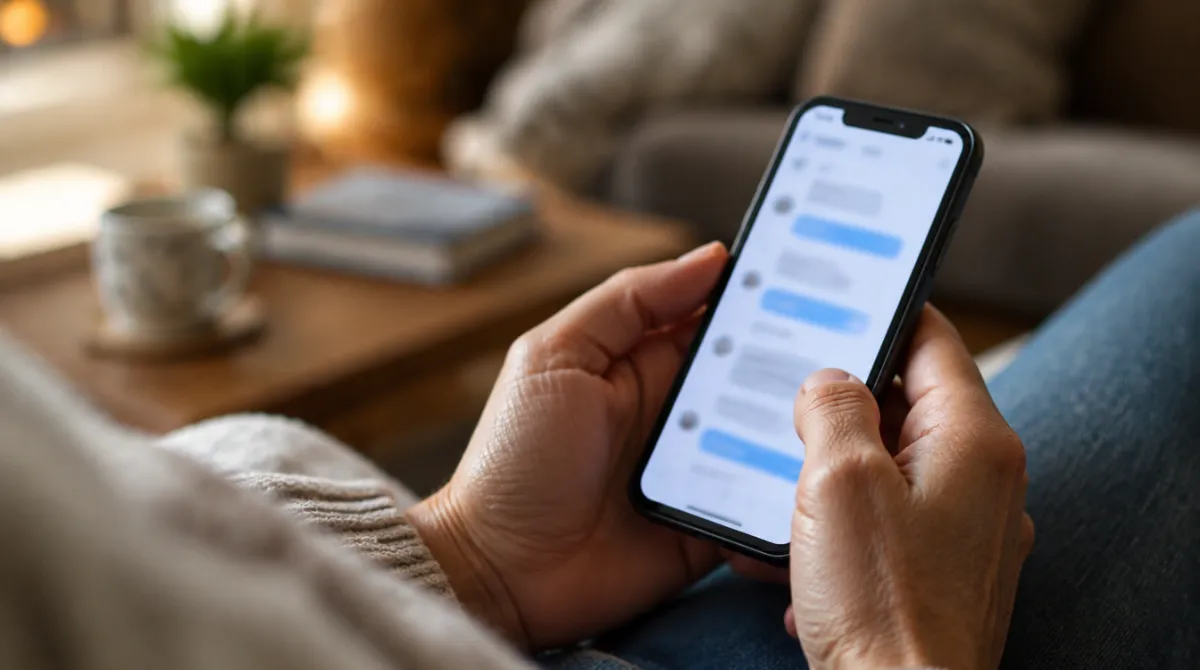 Close-up of hands holding a smartphone in a cosy home setting
