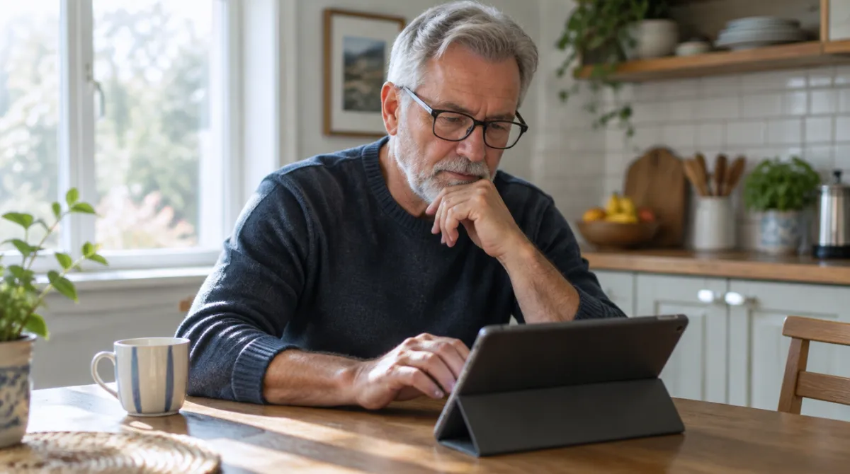 A man in his sixties typing a message on a tablet at his kitchen table