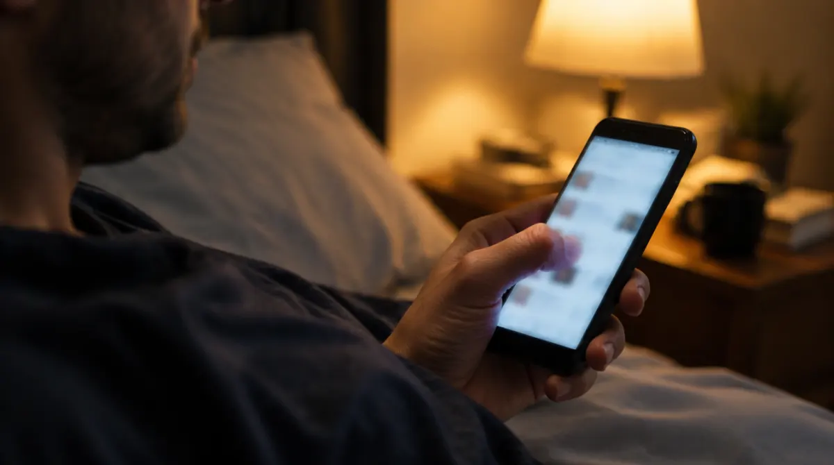 A hand holding a phone mid-swipe in the evening